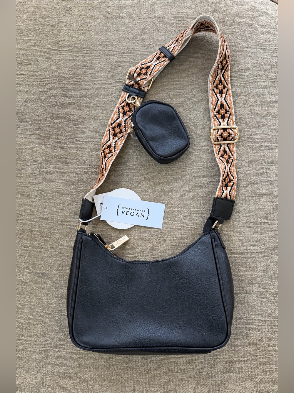 Vegan Black Shoulder Bag with Patterned Strap